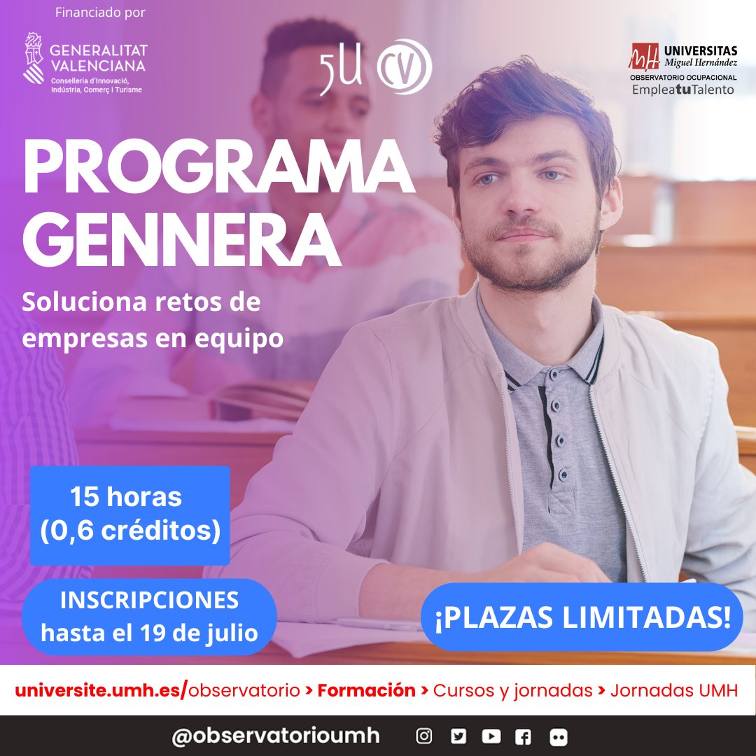 Observatorio UMH (@observatorioumh) on Twitter photo 🚨¡PLAZAS LIMITADAS! 👨💻PROGRAMA GENNERA "Soluciona retos de empresas en equipo" 👦🧒estudiantes <a href="/UniversidadMH/">UMH</a> y <a href="/AlumniUMH/">Alumni UMH</a>
👉INSCRIPCIONES🗓️Hasta 19 junio:
universite.umh.es/observatorio
Formación > Cursos y Jornadas > Jornadas UMH
+ info:
observatorio.umh.es/2024/07/05/pro…
<a href="/Delegacion_umh/">Delegación de Estudiantes UMH</a> 🚨¡PLAZAS LIMITADAS! 👨💻PROGRAMA GENNERA "Soluciona retos de empresas en equipo" 👦🧒estudiantes <a href="/UniversidadMH/">UMH</a> y <a href="/AlumniUMH/">Alumni UMH</a>
👉INSCRIPCIONES🗓️Hasta 19 junio:
universite.umh.es/observatorio
Formación > Cursos y Jornadas > Jornadas UMH
+ info:
observatorio.umh.es/2024/07/05/pro…
<a href="/Delegacion_umh/">Delegación de Estudiantes UMH</a>