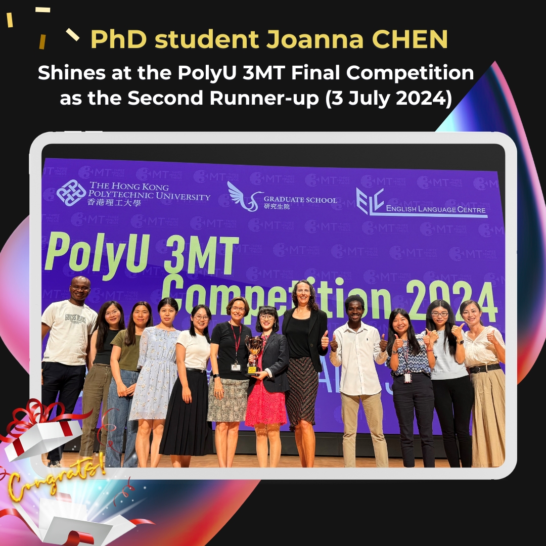 HKPolyUENGL's tweet photo. Congrats🥳 to our #PhD candidate @Joannazachan for shining at the #PolyU 3MT Final Competition as the 2nd runner-up🥉on 3 Jul! Her vivid & captivating presentation earned her this well-deserved title.🌟 #PolyUstudent @PhDVoice @3MT_official @UQ_News https://t.co/1iTBfpJqaO