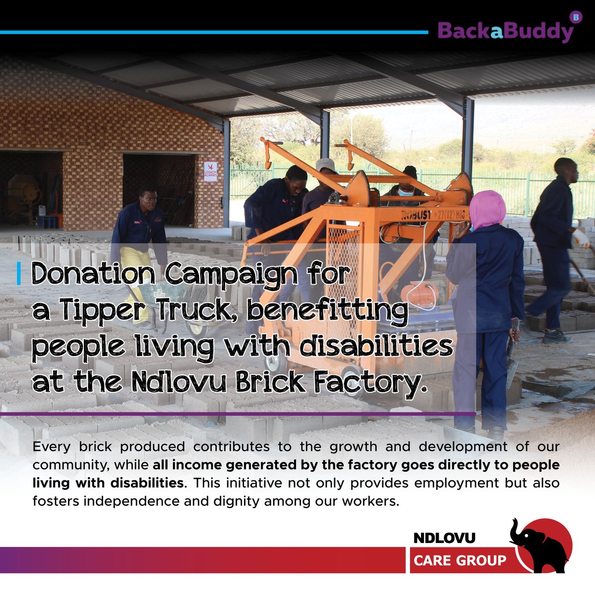 Join us in supporting this great initiative.🤝

The acquisition of a tipper truck will improve factory operations and enhance the quality of life for our Brick Factory workers by increasing their earnings and providing a more stable work environment.

backabuddy.co.za/campaign/tippe…