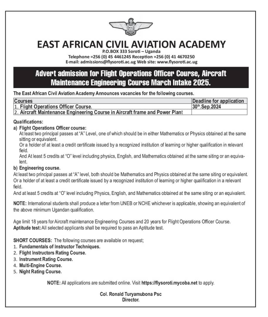 Its time!!
Anyone out there who feels like Aviation is you calling, #EastAfricanCivilAviationAcademy is welcoming applications in the courses indicated below. 
#JoinUs as we make Aviation in #Uganda #EastAfrica and world over safer.