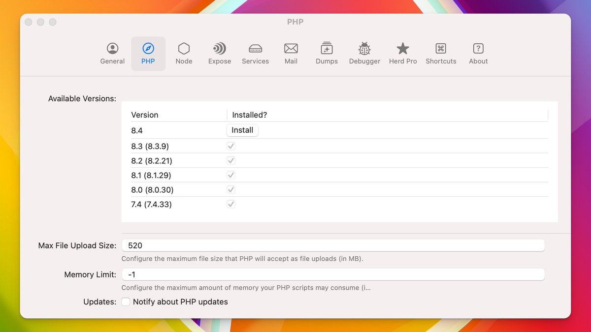marcelpociot's tweet image. Laravel Herd 1.9 is now available for macOS, adding support for PHP 8.4.0 Alpha!

If you want to get your projects up and running with PHP 8.4 prior to its official release, there&apos;s no easier way to get started 🚀

herd.laravel.com