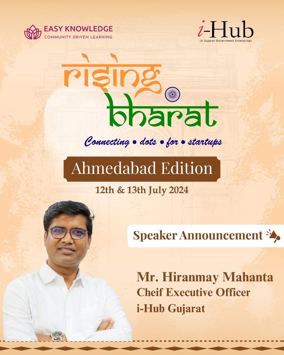 🚀 Exciting Announcement! Meet and Greet Mr. <a href="/Hiranmay_HM/">Hiranmay Mahanta</a>, CEO of <a href="/ihubgujarat/">iHub</a>, at #RisingBharat - #Ahmedabad Edition on July 12-13, 2024!

The event will offers:

✨ Insightful panel discussions
✨ Startup pitches
✨ SHE Founders Launchpad
✨ Networking Opportunities