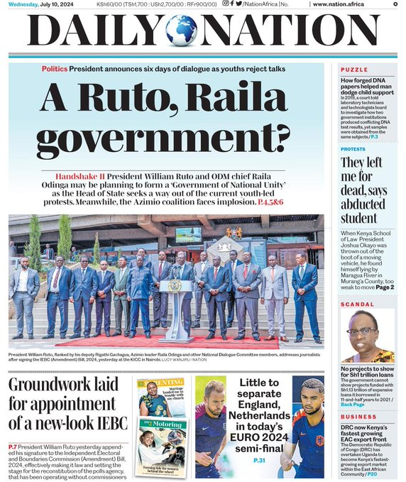 standard_ngr's tweet photo. 5. Business Daily
- Economic backlash widens over Finance Bill tensions
6. Daily Nation
- A Ruto, Raiła government?
Tags: DR Congo I #OccupyKenHa I #occupyparliamet I #OccupyCBDTuesday #occupyacknyahururu I #FRASPA #earthquake I #EURO2024 I #Euro2024SemiFinal I #RanveerSingh https://t.co/i1PxzDYhXf