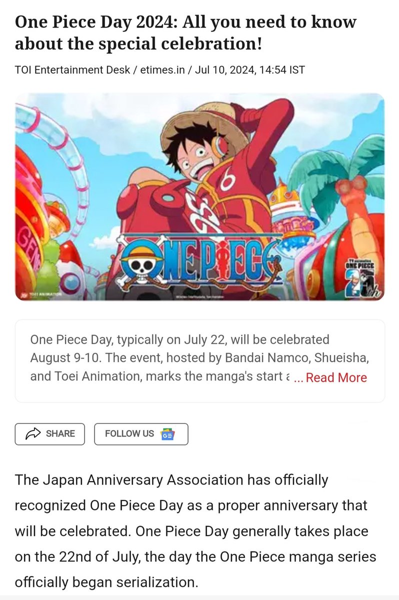 godking_Ryuma's tweet photo. Japan Officially declared July 22 - "One Piece Day"  as the Anniversary Festival in respect to Eiichiro Oda and will be celebrated for 2 days Aug 9-10 having Government Holidays from this year onwards.

The Only show beside Dragon Ball https://t.co/mDHBcONgjt