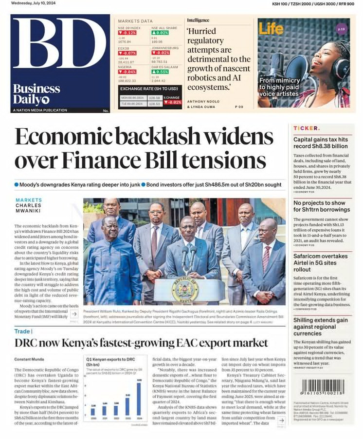 standard_ngr's tweet photo. 5. Business Daily
- Economic backlash widens over Finance Bill tensions
6. Daily Nation
- A Ruto, Raiła government?
Tags: DR Congo I #OccupyKenHa I #occupyparliamet I #OccupyCBDTuesday #occupyacknyahururu I #FRASPA #earthquake I #EURO2024 I #Euro2024SemiFinal I #RanveerSingh https://t.co/i1PxzDYhXf