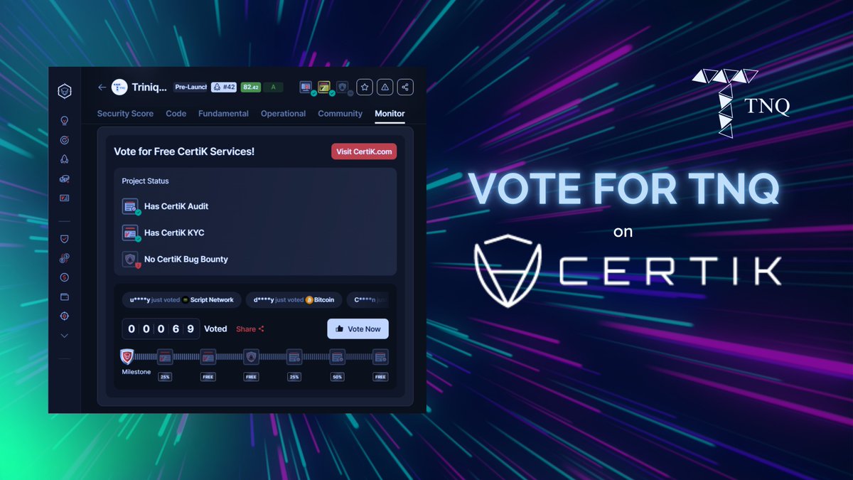 Tnqtoken's tweet photo. 🚀 Vote for $TNQ on @CertiK !
Check out TNQ's CertiK score and show your confidence in our commitment to safety and security. Let's send TNQ to the moon ! 🌕🔒
Join forces and cast your vote NOW !
👉🏻https://t.co/XV4LWt3lXT
#Trinique
#TNQToken
#FundTokenization
#RewardsAllocationToken