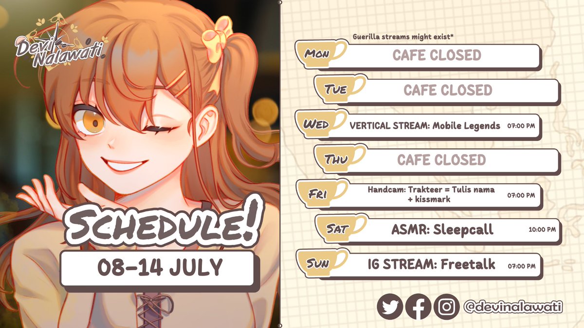 DeviNalawati's tweet photo. 【WEEKLY SCHEDULE】
PESAN AND IDE KONTEN KESINI:
https://t.co/Mb64fprSzR
☕️Hashtag!☕️
General • #Devinalawati
Live • #ViAir
Clips • #DevKlip
Fanart • #DeviArt
Memes • #WWWati
Fanname • #DeLatte https://t.co/7MtPjjJz8a