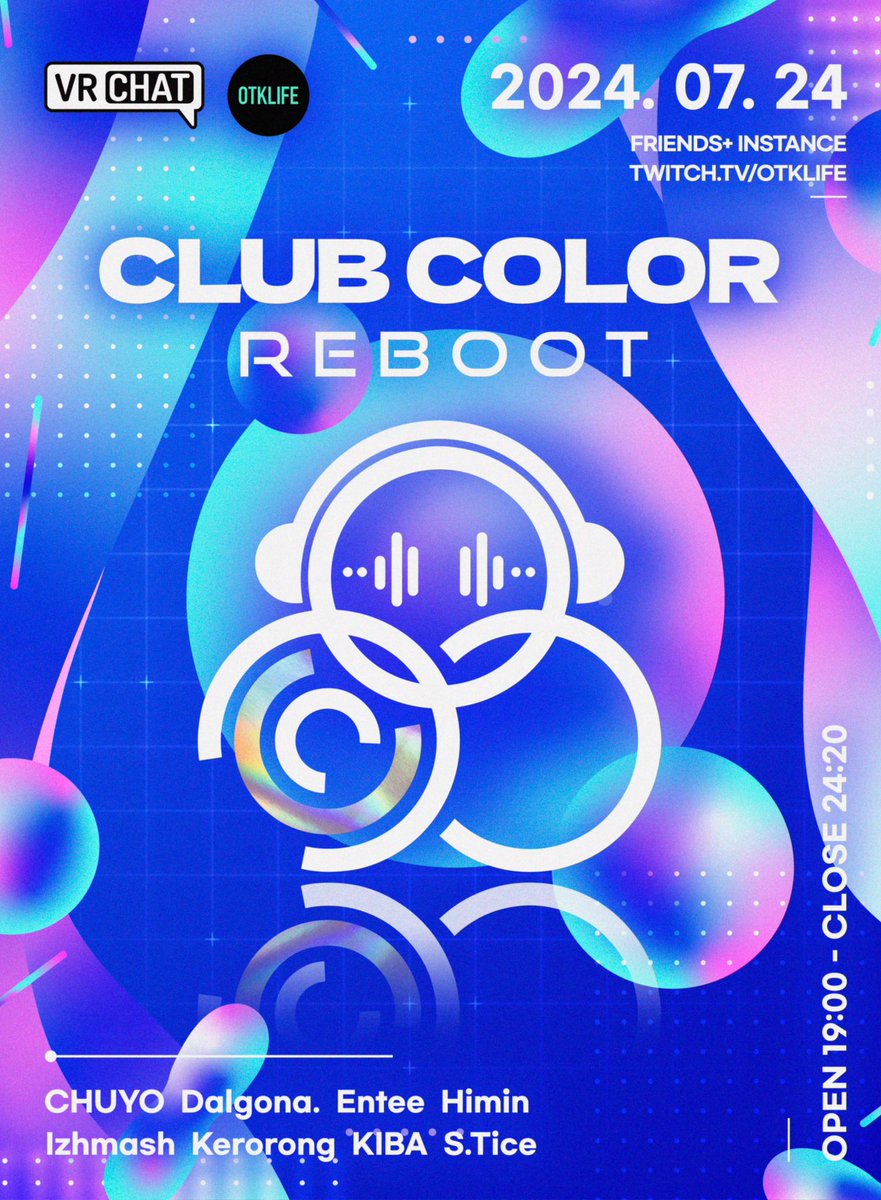 CLUBCOLOR_VR's tweet photo. ⚠️ we are coming back

🎉Re-Launch Celebration Party
      「CLUB COLOR:REBOOT」

🗓️ 2024.07.24 WED
⌚️ 19:00 - 24:20 KST/JST
👥 Friends+ Instance
(Join to chuyomusic)
📺 https://t.co/xKcQIbDsgN

#CLUBCOLOR #클럽컬러 https://t.co/Ad5vMdZDxM