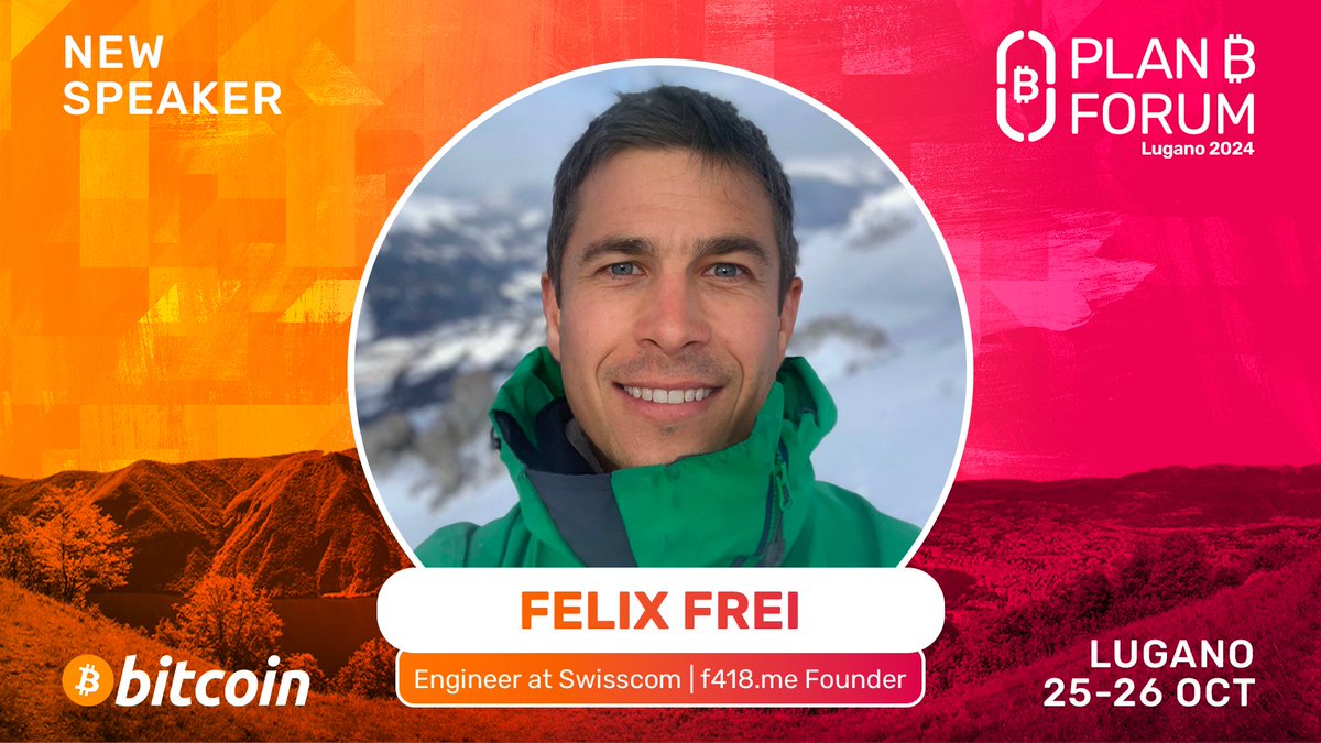 📣🚨 NEW SPEAKER ANNOUNCEMENT 💥

Engineer at Swisscom and f418.me Founder, <a href="/FelixFrei/">Felix Frei</a> will be a speaker at Plan ₿ Forum 2024! 

Don’t miss the event of the year in Lugano, October 25-26! 🇨🇭
Get your ticket now! 👉 planb.lugano.ch/planb-forum/
#LuganoPlanB #bitcoin