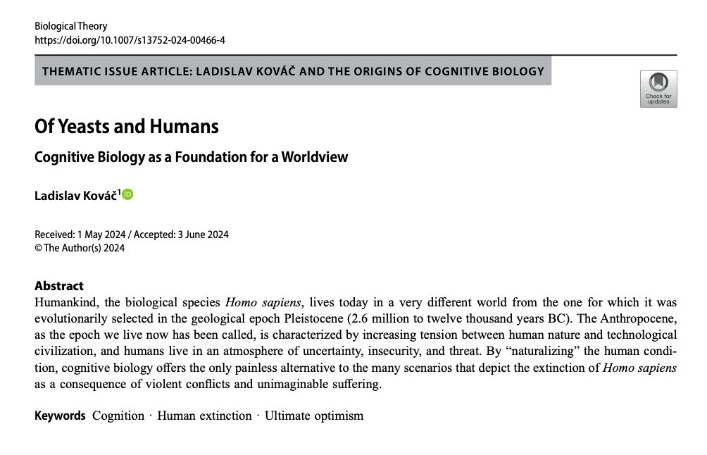 Biological Theory (@bioltheory) on Twitter photo ➡️New article out!⬅️
"Of Yeasts and Humans"
by Ladislav Kováč
Open access: rdcu.be/dNjXT
Part of an upcoming special issue on "Ladislav Kováč and the Origins of Cognitive Biology"
<a href="/JacksonSarto/">Isabella Sarto-Jackson</a> ➡️New article out!⬅️
"Of Yeasts and Humans"
by Ladislav Kováč
Open access: rdcu.be/dNjXT
Part of an upcoming special issue on "Ladislav Kováč and the Origins of Cognitive Biology"
<a href="/JacksonSarto/">Isabella Sarto-Jackson</a>