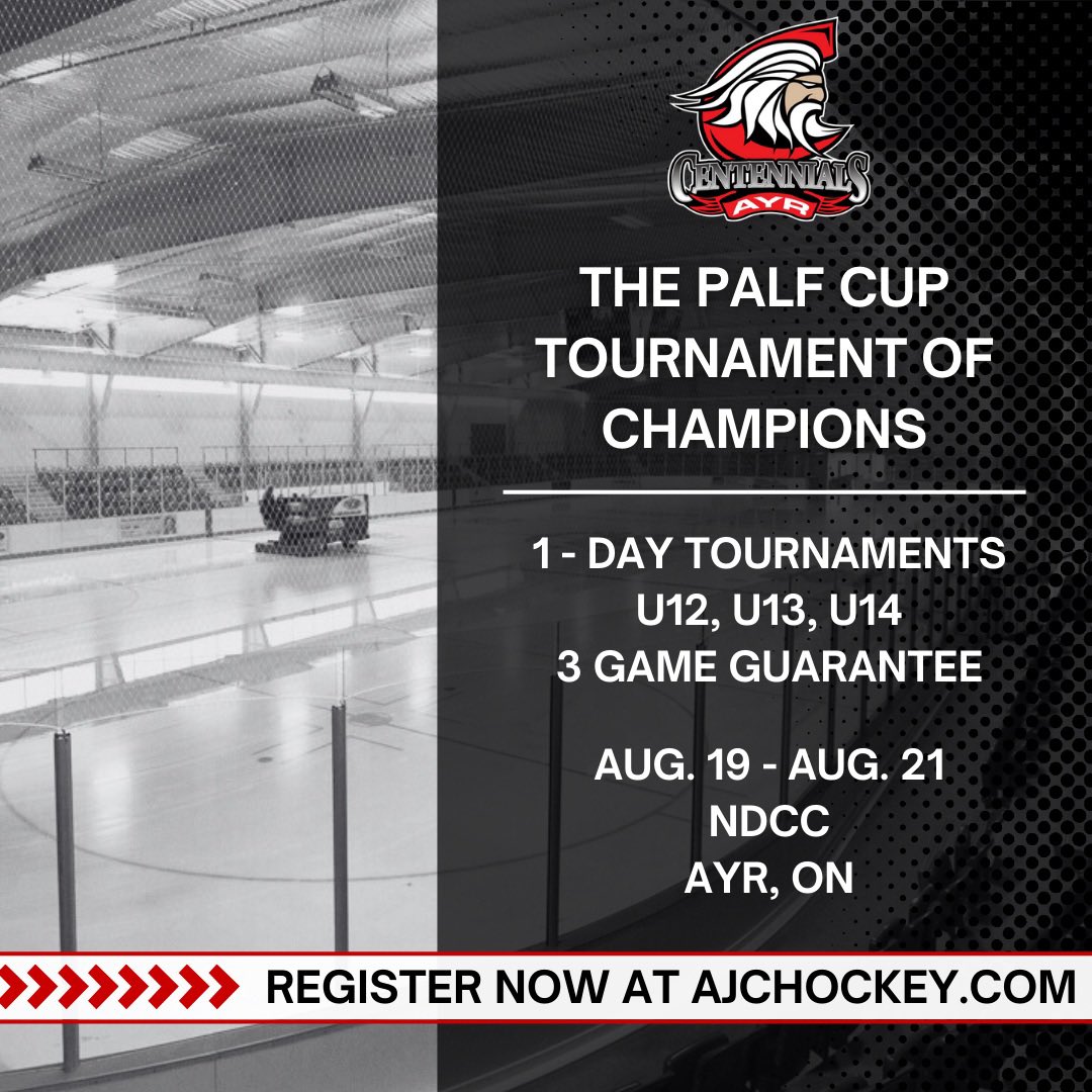 Ayr Centennials Alumni (@4_cens) on Twitter photo Have you registered yet ?
The <a href="/AyrCentennials/">Ayr Centennials</a> are proud to support the first Annual “Palf tournament of Champions “
Register your team today at ajchockey.com
<a href="/AyrMinorHockey/">AMHA</a> <a href="/AyrRocketsGH/">Ayr Rockets Girls Hockey</a> <a href="/CambridgeMinorH/">CambridgeMinorHockey</a> <a href="/CrGHA/">roadrunners</a> <a href="/jeffgrimwood20/">Jeff Grimwood</a> <a href="/jennycharron17/">Jenn Charron</a> <a href="/WoodH_Logistics/">Wood-Hall Logistics</a> Have you registered yet ?
The <a href="/AyrCentennials/">Ayr Centennials</a> are proud to support the first Annual “Palf tournament of Champions “
Register your team today at ajchockey.com
<a href="/AyrMinorHockey/">AMHA</a> <a href="/AyrRocketsGH/">Ayr Rockets Girls Hockey</a> <a href="/CambridgeMinorH/">CambridgeMinorHockey</a> <a href="/CrGHA/">roadrunners</a> <a href="/jeffgrimwood20/">Jeff Grimwood</a> <a href="/jennycharron17/">Jenn Charron</a> <a href="/WoodH_Logistics/">Wood-Hall Logistics</a>