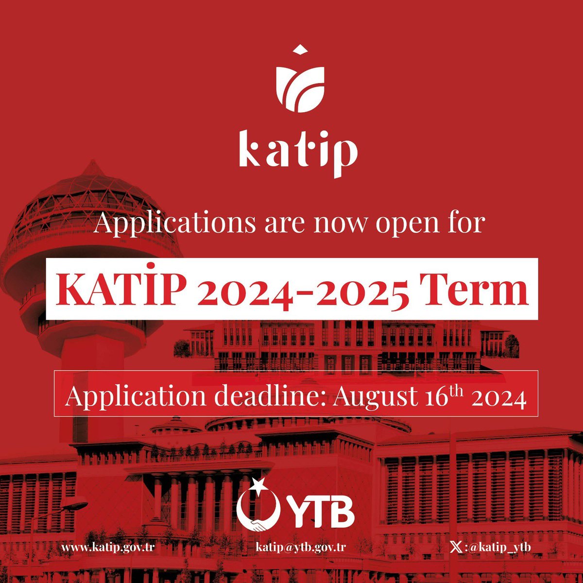 Turkish Language Program for Public Officials and Academicians #KATİP Applications for the 2024-2025 Term is going on.

•A1 to B2 Turkish Course
•Institution Visits
•Seminars
•Cultural Trips

Application Deadline: 16.08.2024
➡️Click for details: katip.ytb.gov.tr