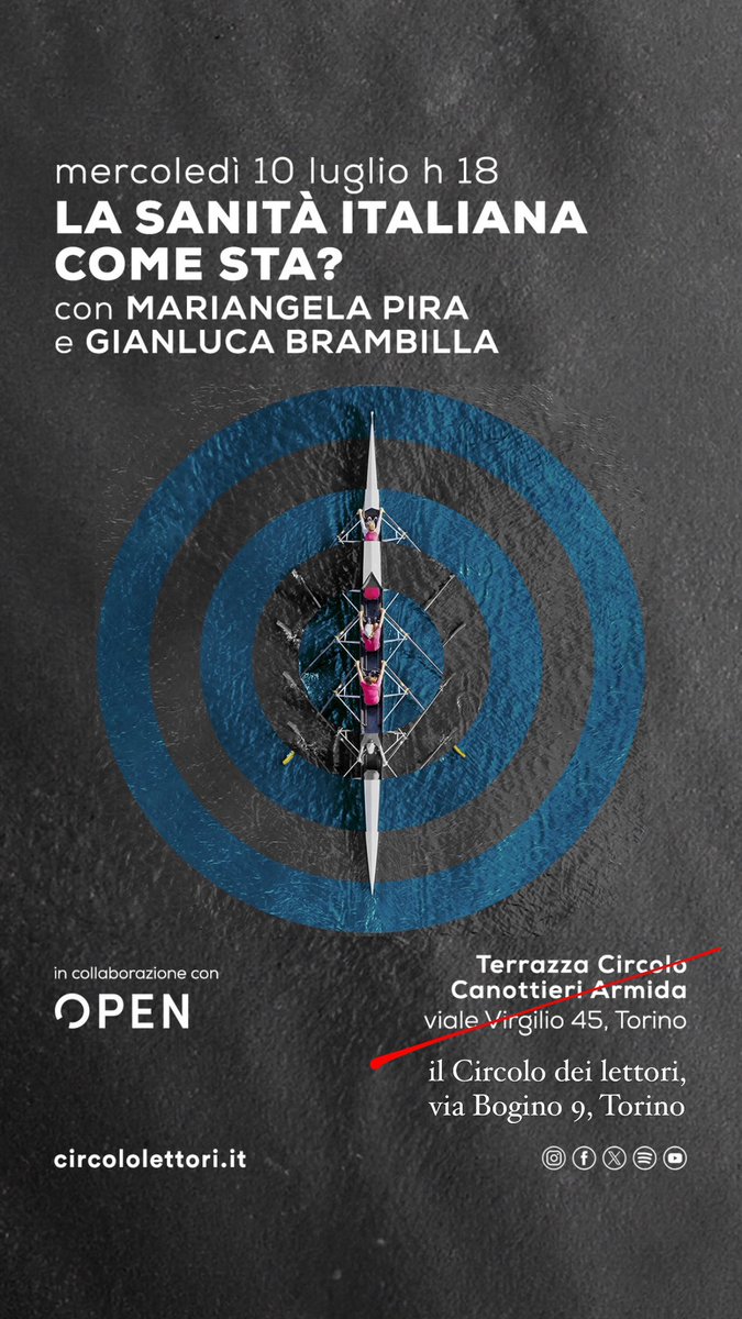 Fondazione Circolo dei lettori (@circololettori) on Twitter photo Oggi 10.07 ci sarà l’ultimo incontro di «Sfide», un progetto di <a href="/Open_gol/">Open</a> e Fondazione Circolo dei lettori, in via Bogino 9 e non più in Terrazza
Mariangela Pira e Gianluca Brambilla parleranno dell’argomento sempre attuale «La sanità italiana come sta?»
ℹ️torino.circololettori.it/sfide-2-la-san… Oggi 10.07 ci sarà l’ultimo incontro di «Sfide», un progetto di <a href="/Open_gol/">Open</a> e Fondazione Circolo dei lettori, in via Bogino 9 e non più in Terrazza
Mariangela Pira e Gianluca Brambilla parleranno dell’argomento sempre attuale «La sanità italiana come sta?»
ℹ️torino.circololettori.it/sfide-2-la-san…