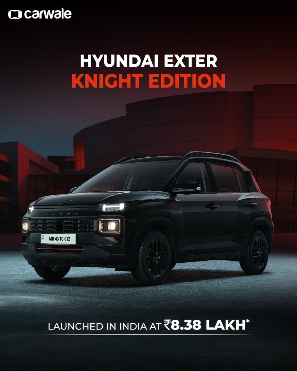 CarWale's tweet image. #Hyundai #ExterKnightEdition launched in India!

Quick highlights:
- Launched to celebrate 1st anniversary of Exter
- Based on SX and SX (O) variants
- Gets 3 new colour - Abyss Black, Shadow Grey, and Shadow Grey DT
- Exter crossed 93,000 unit sales milestone

#cwlaunch