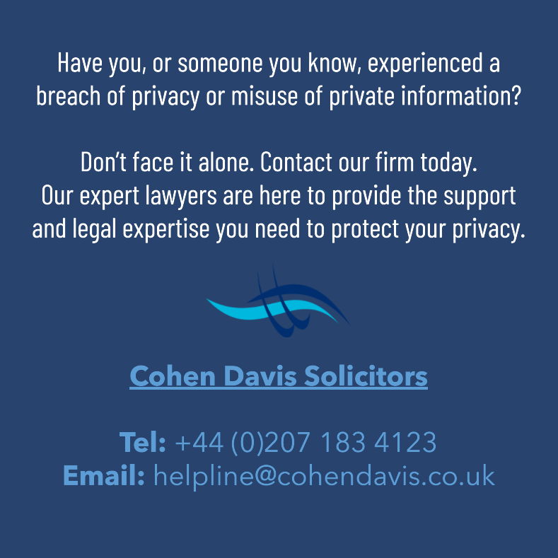 CohenDavisSols's tweet image. Anyone can fall victim to a privacy breach. At Cohen Davis Solicitors we specialise in internet law, providing the expertise to help you take legal action. Safeguard your privacy with our trusted support
#BreachOfPrivacy 
#Laywers #Solicitors #GDPR #Internet #Privacy
#InternetLaw