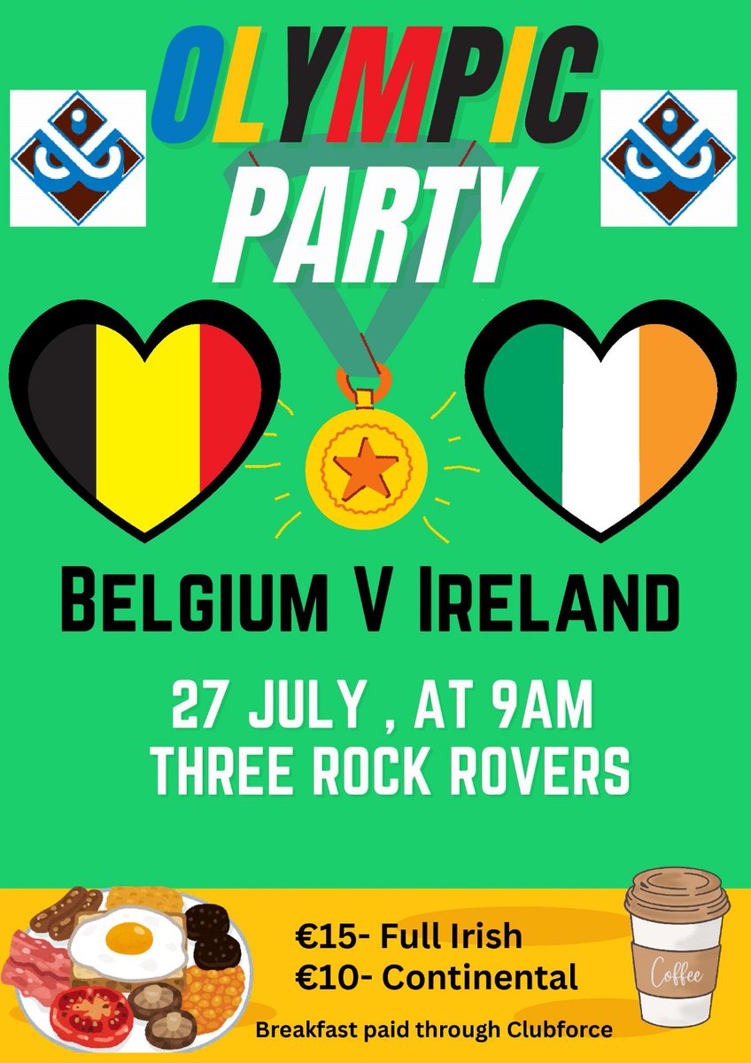 Three Rock Rovers HC (@trrhc) on Twitter photo Join our Olympic Watch Party with a breakfast of champions on Saturday, July 27!
Game at 9.30am, clubhouse open from 9am with two breakfast options; cooked for €15; or continental for €10. Pre-booking required! Face painting and flags supplied!
Link: …reerockrovershockeyclub.clubforce.com/products/membe… Join our Olympic Watch Party with a breakfast of champions on Saturday, July 27!
Game at 9.30am, clubhouse open from 9am with two breakfast options; cooked for €15; or continental for €10. Pre-booking required! Face painting and flags supplied!
Link: …reerockrovershockeyclub.clubforce.com/products/membe…