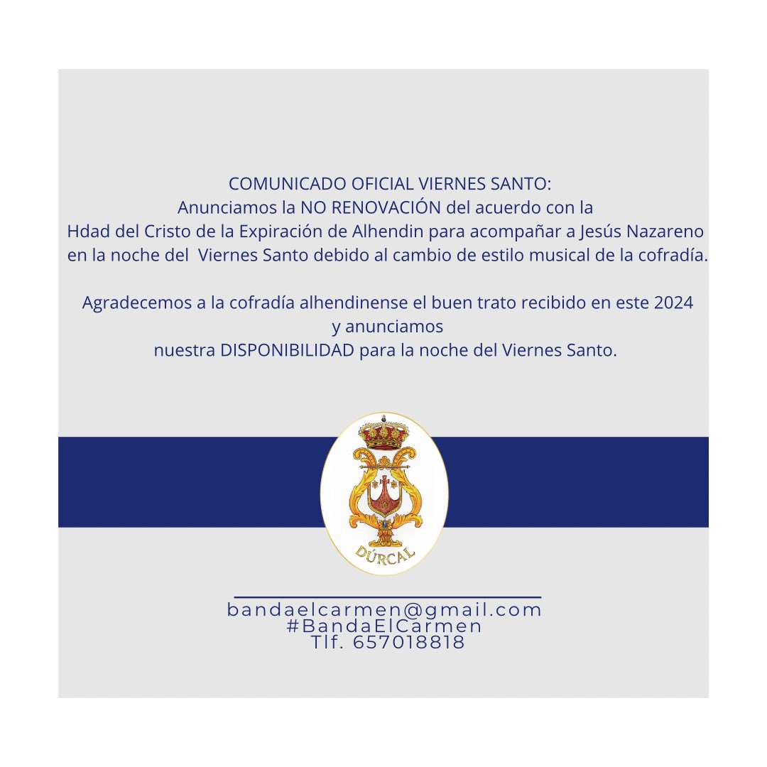 bandaelcarmen's tweet photo. COMUNICADO: Viernes Santo. Debido a la no renovación con la Hdad. Del Cristo de la Expiración de Alhendin para acompañar a Jesús Nazareno, comunicamos disponibilidad para este día. (Preferentemente provincia de Granada). #BandaElCarmen #Durcal #ViernesSanto https://t.co/VAZbfYkpTp