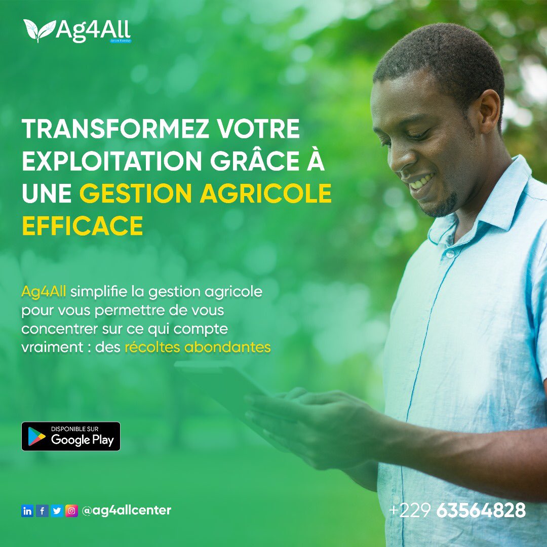 ag4allcenter's tweet photo. Transformez votre exploitation grâce à une gestion agricole efficace, facilitée par Ag4All! 🌱

 Bénéficiez d'une suite complète de fonctionnalités et de solutions conçues pour optimiser chaque aspect de votre activité agricole, de la planification de la production à la gestion https://t.co/D4gLdcQSKI