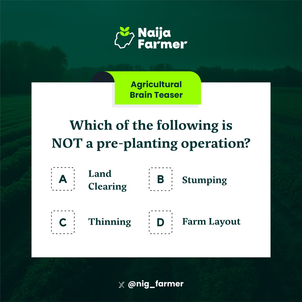 Nig_Farmer's tweet photo. #NaijaFarmerTest

Agricultural Brain Teaser 

Data splash for correct answers 

Test your Agric knowledge 

Retweet to your followers https://t.co/mEyAtgN45A