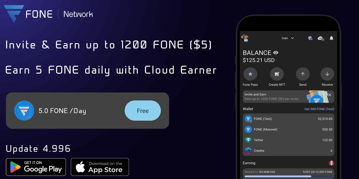Hello Everyone,

We are excited to announce that a new update v4.996 to the Fone Network app is now available:

Google Play: play.google.com/store/apps/det…
Apple App Store: apps.apple.com/us/app/fone-ne…

- Invite and earn up to 1200 FONE ($5).

Introducing our most user-friendly referral