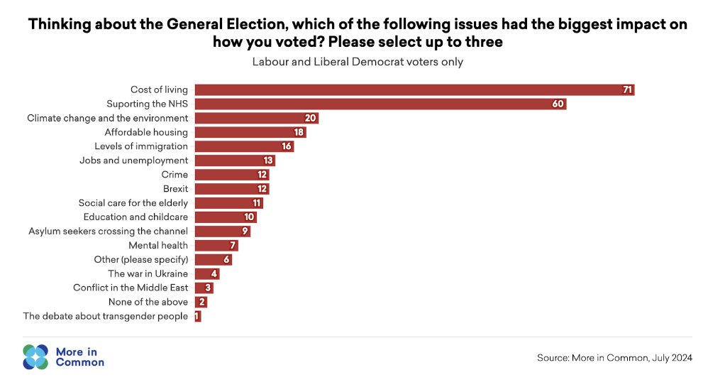 🧵New research from @moreincommon_ &amp; <a href="/e3g/">E3G - Third Generation Environmentalism</a> finds that while climate didn't dominate the 2024 election debate, it really did matter to voters! In fact far from voters not caring - Labour and Liberal Democrat voters ranked it as the third most important issue in deciding their vote.