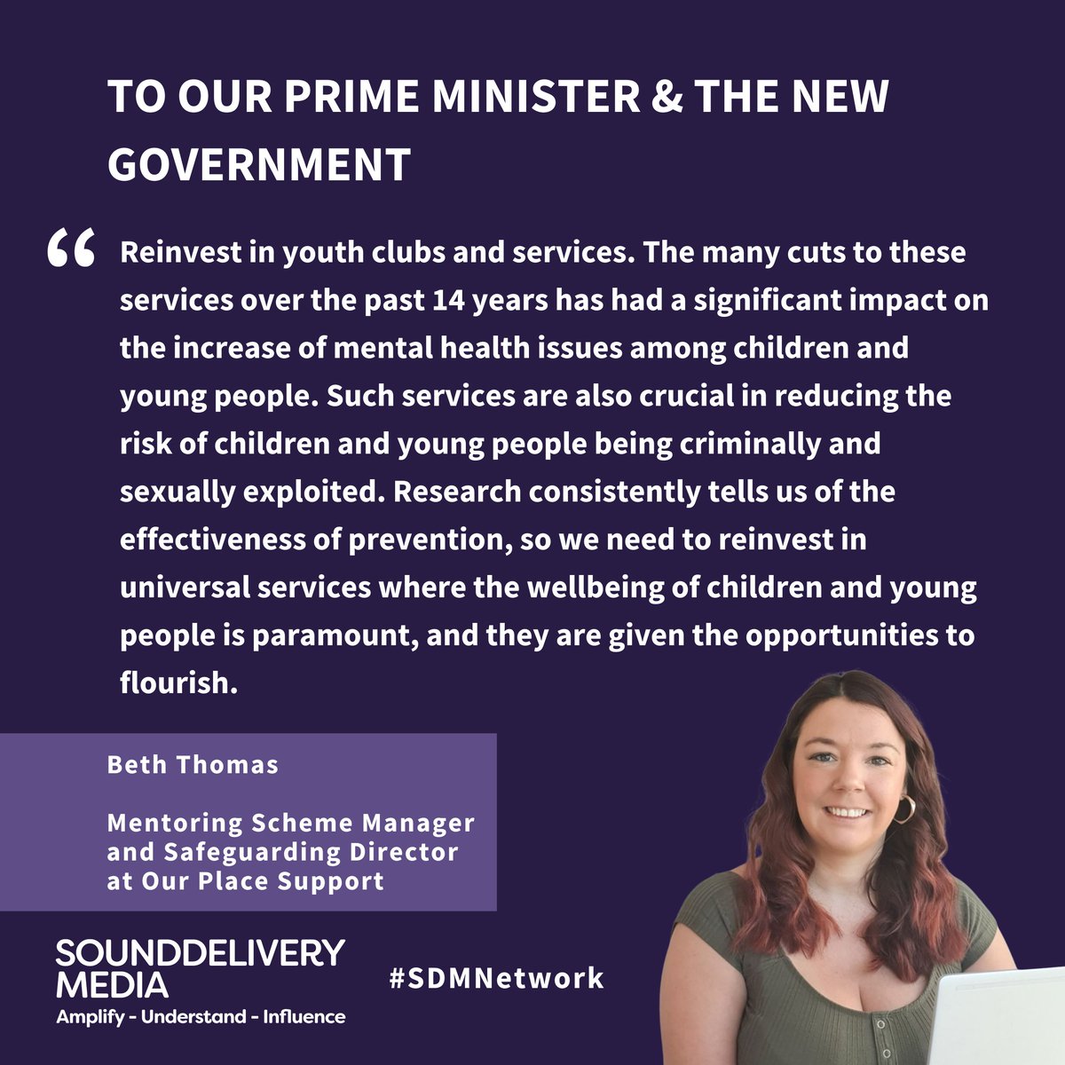 Following the #GeneralElection, <a href="/Beffy86/">Beth Thomas</a> from our #SDMNetwork has a key message for the new government
At <a href="/OurPlaceSupport/">Our Place Support</a>, Beth is passionate about using her experiences to inspire others who have experienced trauma &amp; issues with mental health #FundTheHubs #ChildrensMentalHealth