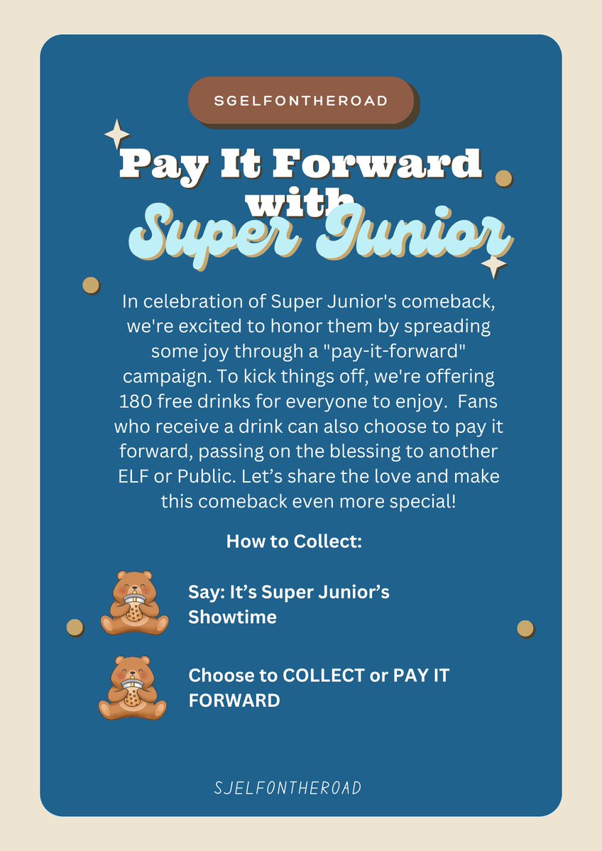 SGELFontheroad's tweet image. D4 to #SSS_HALFTIMEinSG

Get ready to sip and spread the love with our #PayItForward scheme at Preso Tea (Leisure Park Kallang) 
✨️Enjoy a free bbt or pass on the joy to someone else 

Let's spread the love 💙
#SUPERJUNIOR #SuperJuniorinSingapore #SuperShow_Spinoff_Halftime