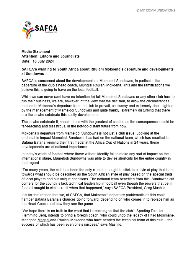 SAFCA92's tweet photo. Media Statement
Attention: Editors and Journalists
Date: 10 July 2024
SAFCA’s warning to South Africa about Rhulani Mokoena’s departure and developments
at Sundowns https://t.co/YlXJxE4vMG