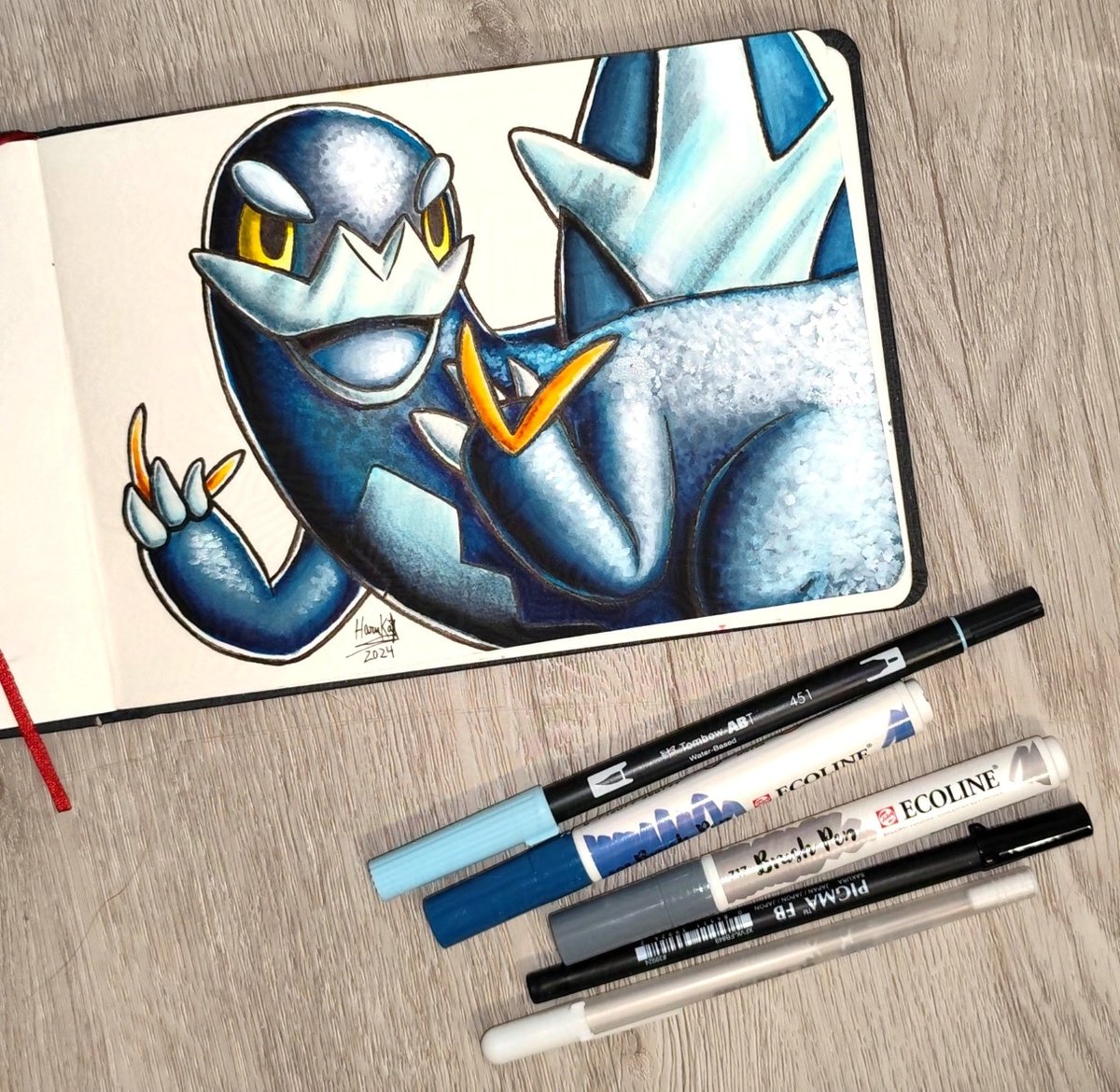 Haruka_VII's tweet image. Other new drawing for my notebook of #Paldea #Pokémon! Featuring this time #Arcitbax, a dragon and ice type I&apos;ve used during my Scarlet adventure . Done with the usual #watercolour technique. #fanart #watercolors #セゴール #ポケモン #ポケットモンスター