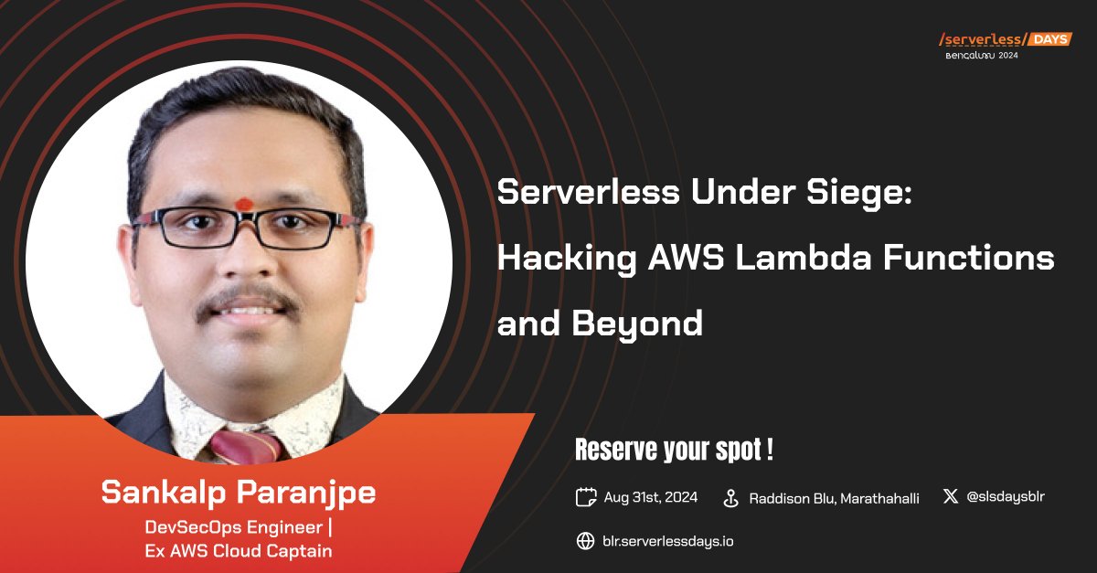SlsdaysBlr's tweet photo. Join Sankalp Paranjpe at #ServerlessDaysBLR2024 for "Serverless Under Siege." Learn how to secure AWS Lambda and protect your apps!
🗓 August 31st, 2024
🎟️Grab your tickets now: https://t.co/Oo0RtVwwIT
Don’t miss this session!
#WednesdayTech #TechConferences #TechEvents https://t.co/sVkvGztdtd