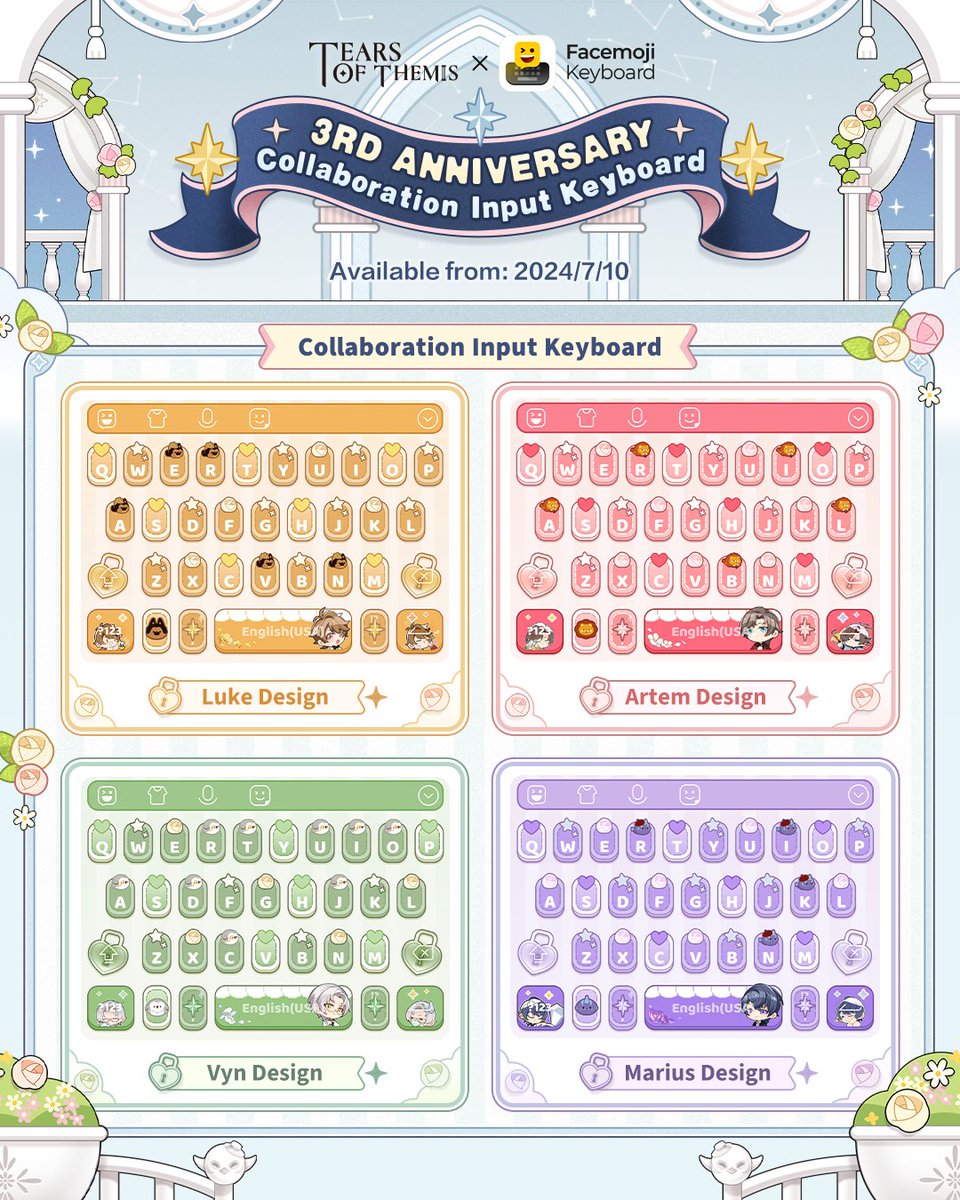 TearsofThemisEN's tweet photo. ✦ Tears of Themis X Facemoji ✦ Collaborative Input Keyboard

⌨️ Loving thoughts at your fingertips
Four Male Lead Keyboard Designs Coming Soon!

💝 Get the Facemoji app to obtain the anniversary keyboards for free
Download Now >>> https://t.co/fcXkyjFf4f

#TearsOfThemis #NXX3rd https://t.co/irXnAnWLa6