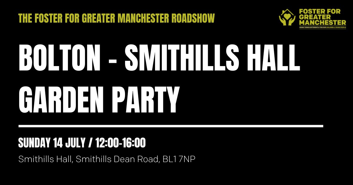 The <a href="/fosterinbolton/">Foster with Bolton</a> team will be kicking off the Foster for GM roadshow with glitter and sparkle  at the <a href="/SmithillsHall/">Smithills Hall</a> garden party this Sunday. Come &amp; say Hi to the team, and find out more about the rewarding role of the foster carer. Plus, glitter tattoos for the kids.😍