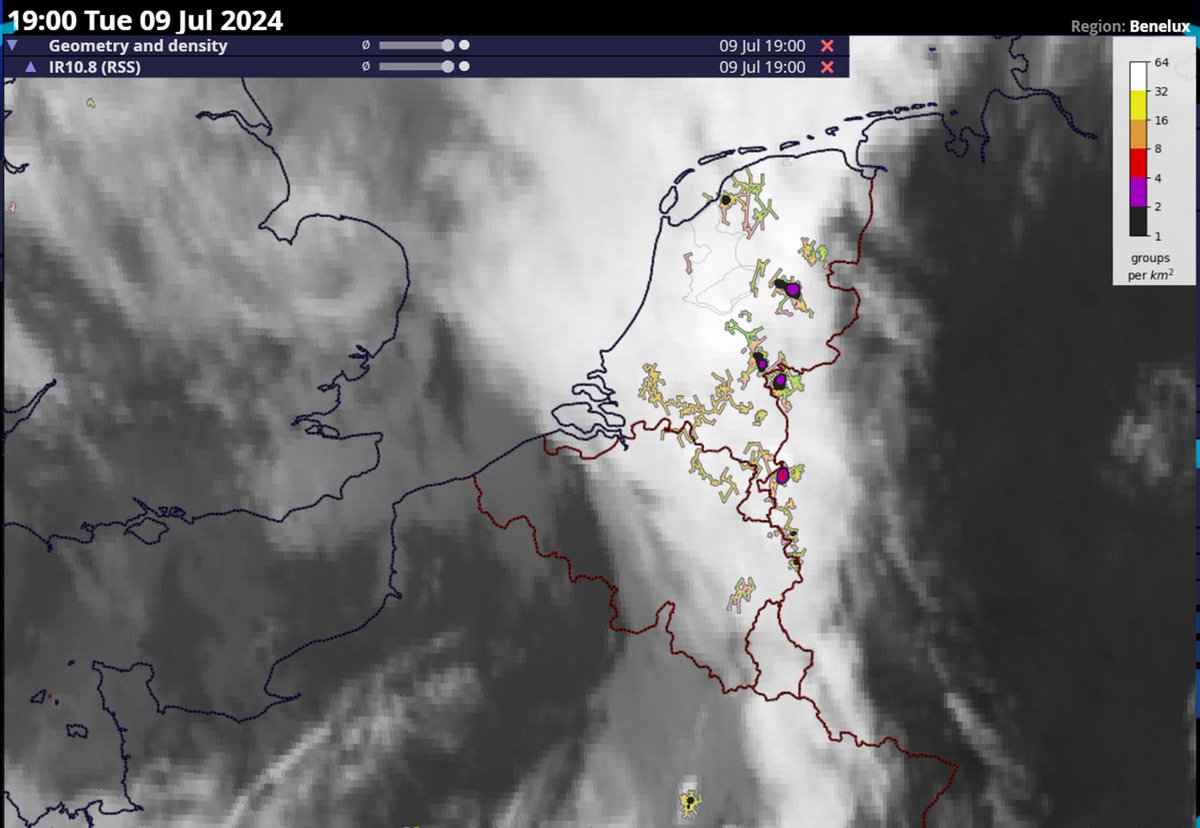Together with @EUMETSAT, ESSL is looking at the data from the new MTG-LI instrument. Here, we show examples from yesterday's severe storms showing the flash area and the horizontal extent of flashes combined with their density. Note the long flash across the southern Netherlands.