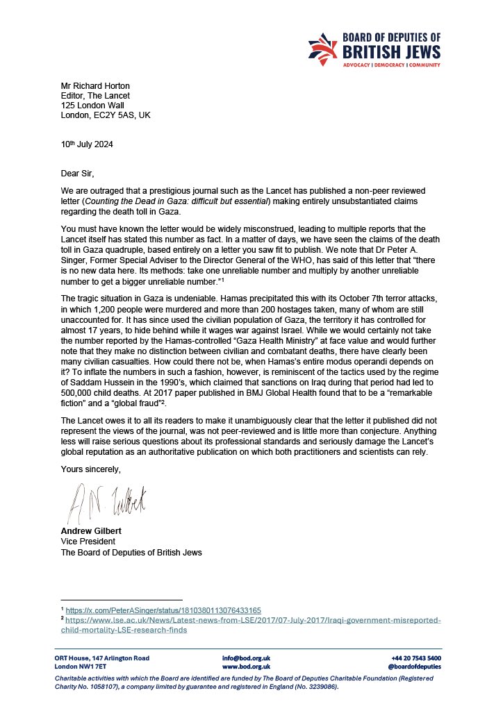 BoardofDeputies's tweet photo. The Lancet owes it to all its readers to make it unambiguously clear that the letter it published [regarding the terrible situation in Gaza] did not represent the views of the journal, was not peer-reviewed and is little more than conjecture.

Our letter to @thelancet's editor: https://t.co/DD37pztWr3