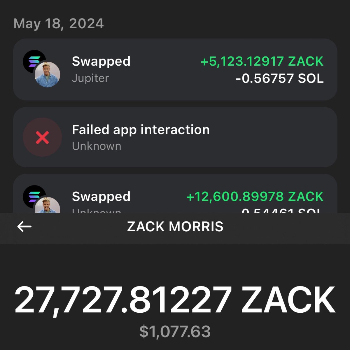 bradblah's tweet photo. @MrZackMorris Haven’t owned any other coins but $ZACK, but been holding and adding for almost 2 months now. https://t.co/vAw0m1c5HH