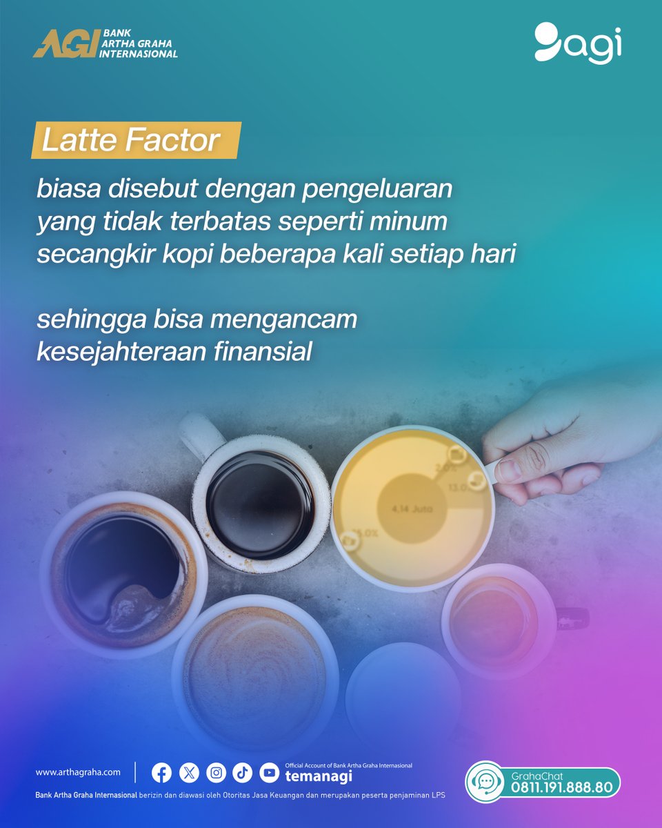 temanagi's tweet image. [1/2] Fenomena yang sedang marak ini secara gak sadar buat keuangan jadi menipis sebelum akhir bulan.

demi mencegah kebocoran anggaran setiap bulan, teman agi perlu meminimalisir latte factor.

Yuk intip tips rahasia dari agi.
geser slide berikutnya yaa

#lattefactor #fenomena