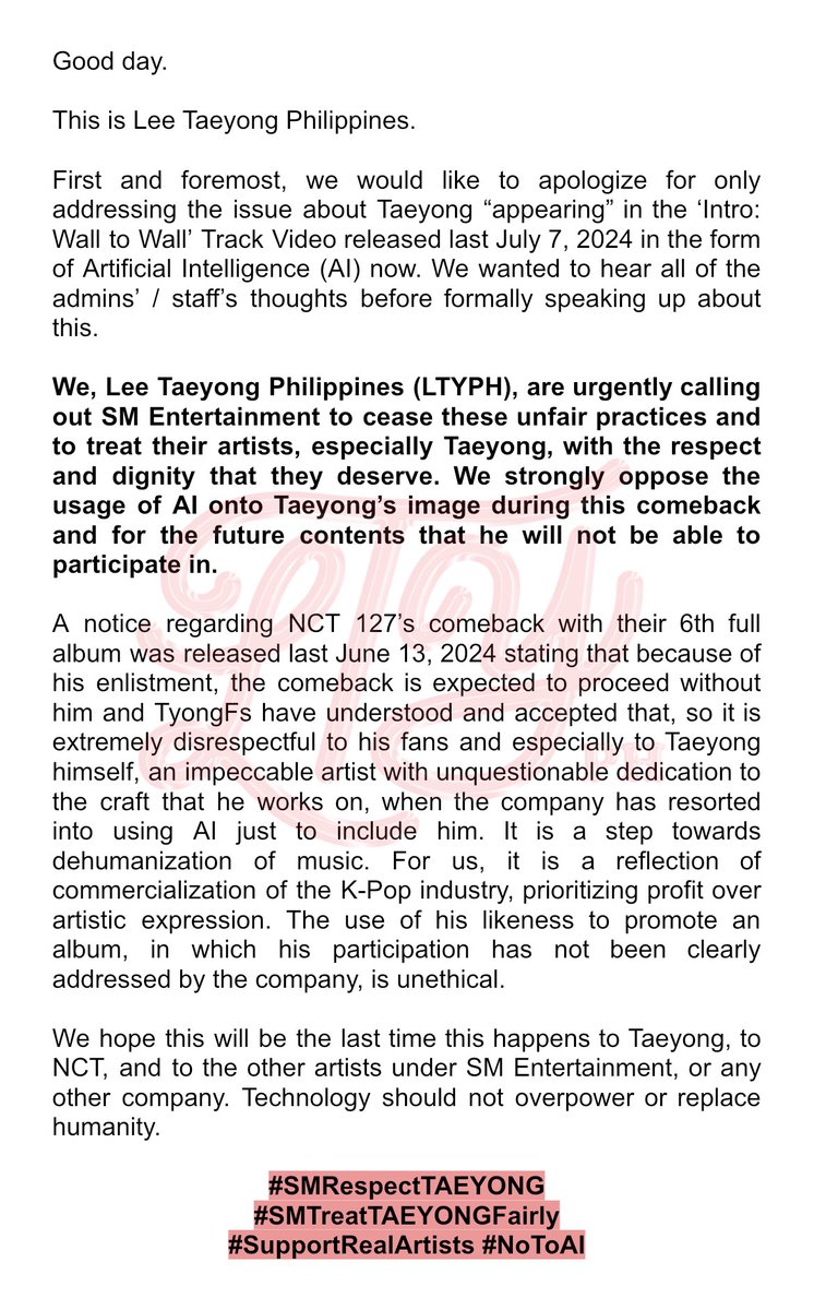 NCT_TAEYONGPH's tweet photo. We are urgently calling out @SMTOWNGLOBAL to cease these unfair practices and to treat their artists with the respect and dignity that they deserve. We strongly oppose the usage of AI onto #TAEYONG's image.

#SMRespectTAEYONG
#SMTreatTAEYONGFairly
#SupportRealArtists #NoToAI https://t.co/DQzeRozH54
