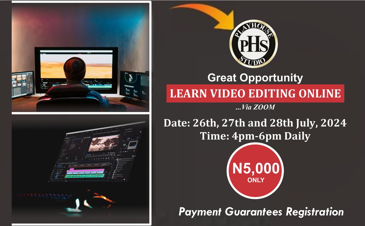 PlayHouse024's tweet photo. Learn Video Editing Online🎥💻 
Date: 26th-28th July,
Time: 4pm-6pm daily.
N5,000 only! (Payment guarantees registration)

Call/WhatsApp: +234 803 657 5633
Register and upgrade your video editing skills!
#VideoEditing #OnlineCourse #LearnNewSkills #CreativeSkills #OnlineLearning https://t.co/yReqB86HnY