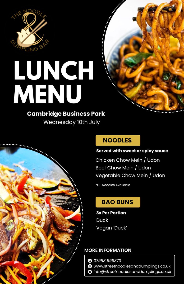 The Noodle &amp; Dumpling Bar will be serving outside Byron House (opposite the BBC) on Cambridge Business Park today! Come along between 12:00-14:00!