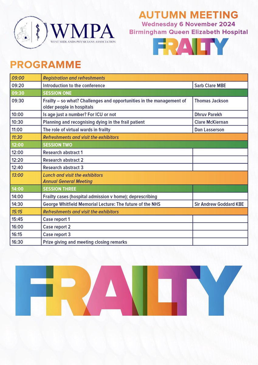 The programme for the WMPA Autumn Meeting, Frailty, is here! 

Join us at the Birmingham Queen Elizabeth Hospital on Wednesday 6 November for a day of engaging talks, research abstracts, case reports and insightful discussions!

Secure your place now: millbrook-events.co.uk/event/WMPAFrai…
