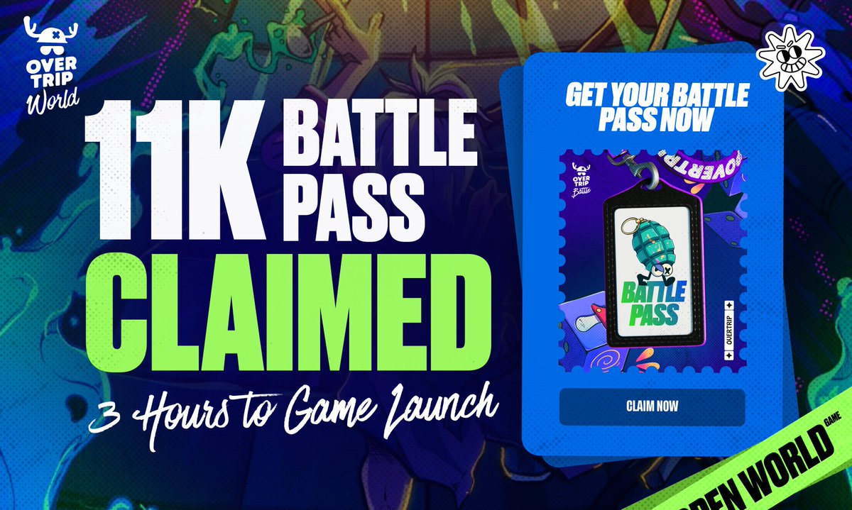PlayOverTrip's tweet photo. Over 11k Battle Passes Claimed! And it's Less than 3 hours 'til launch you crazy MFERS 🔫   

Snag yours NOW to join the Play2Airdrop season goin' live with the game launch. Be in the run for the full 25M $TRIP pool: https://t.co/5JYSY4izTp   

Almost there! Remember to STAY AWAKE b*tches 😴