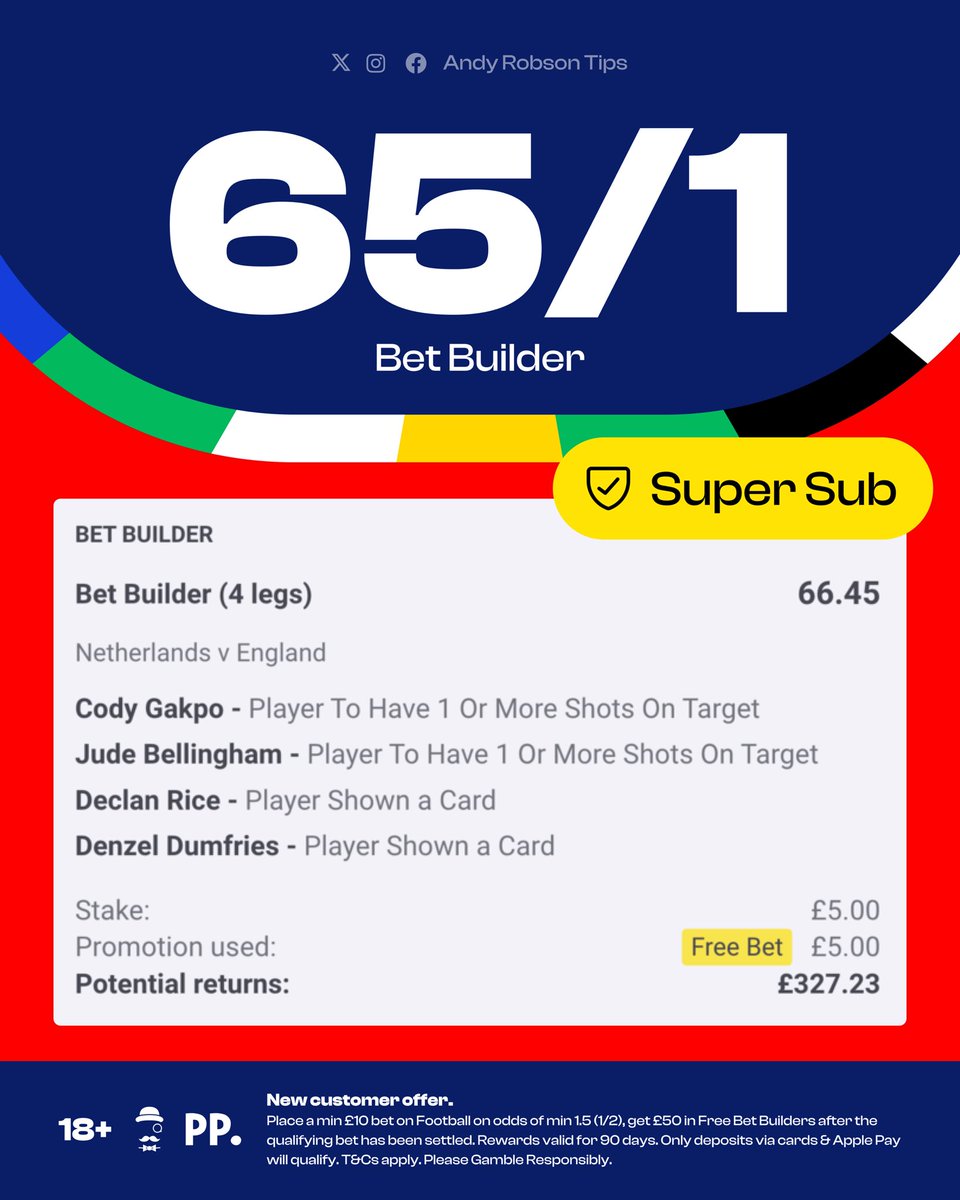 AndyRobsonTips's tweet image. 🇳🇱🏴󠁧󠁢󠁥󠁮󠁧󠁿 #NEDENG | My 65/1 Bet Builder 

Let me know your thoughts.

Load bet: bit.ly/ENGNED-BB

Join Paddy Power to claim £50 in Free Bets and an extra free bet for the game.

Claim here: bit.ly/50FREE-Claim

✅ All players covered by Super Sub.

18+, T&amp;amp;Cs Apply. Ad.