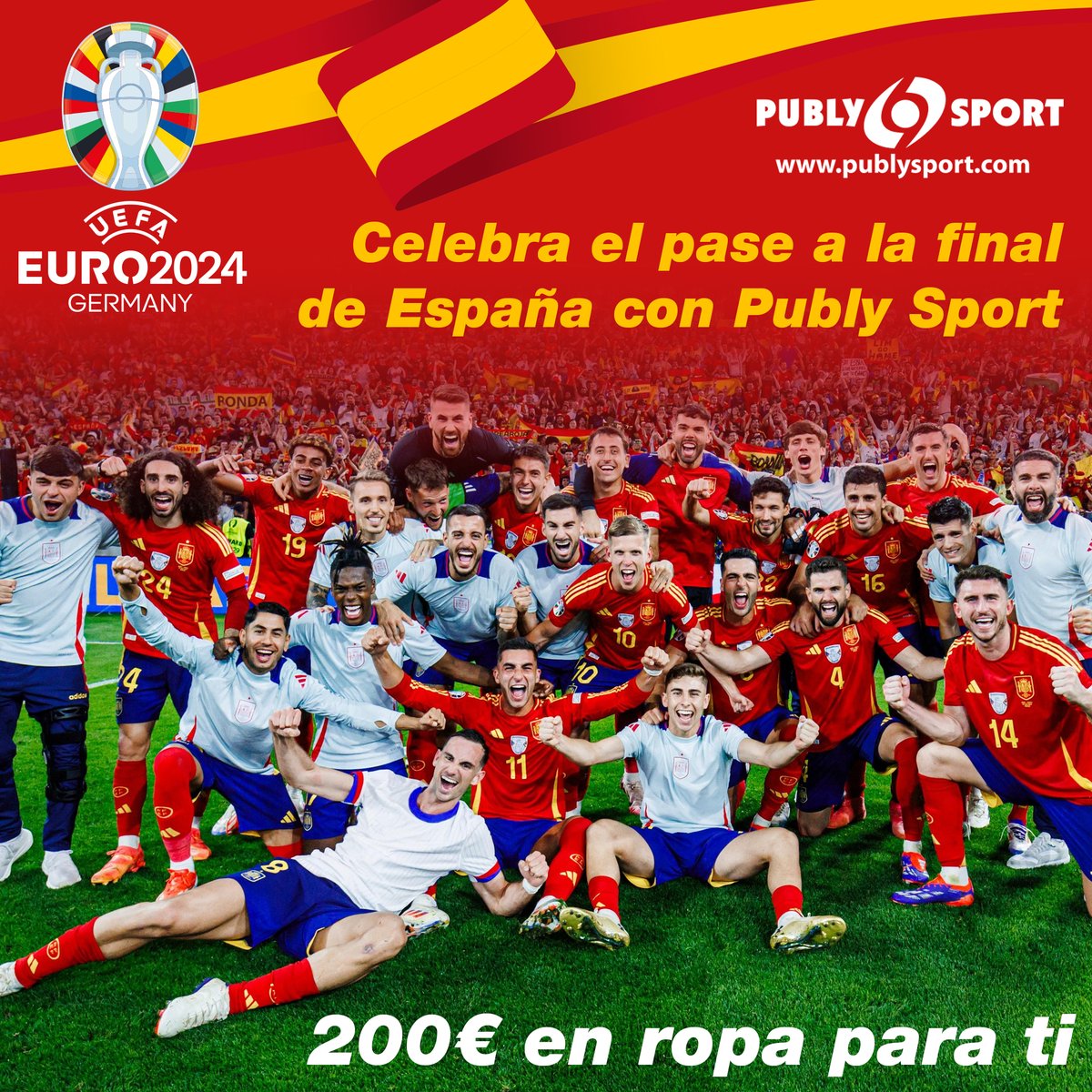 🇪🇸 Celebra el pase a la final de España con 𝗣𝘂𝗯𝗹𝘆 𝗦𝗽𝗼𝗿𝘁

🟥 Te regalamos ropa deportiva valorada en 200€. Para ello solo tienes que:

1) Seguirnos en redes sociales

2) Mencionar a dos amigos

🟥 Plazo: hasta el domingo 14 a las 17:00 horas