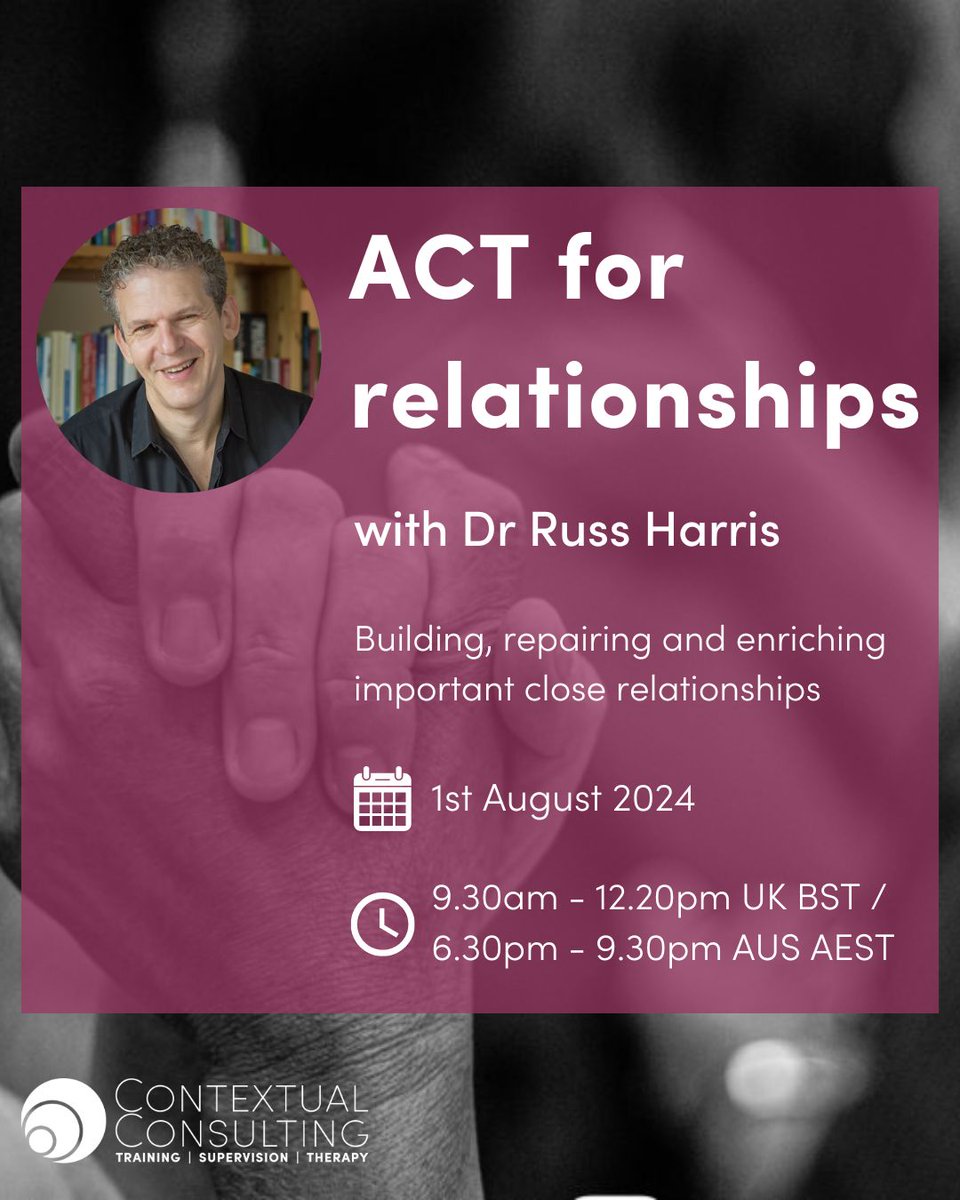 contextconsult's tweet photo. Join us as we host expert trainer Dr Russ Harris in ACT for relationships.
On 1st August 2024, Russ will teach us how to apply ACT effectively with common relationship problems.
Register now π https://t.co/pgx7Q2xtxr
#ACTforRelationships #TransformRelationships https://t.co/t5cpnD0l7K