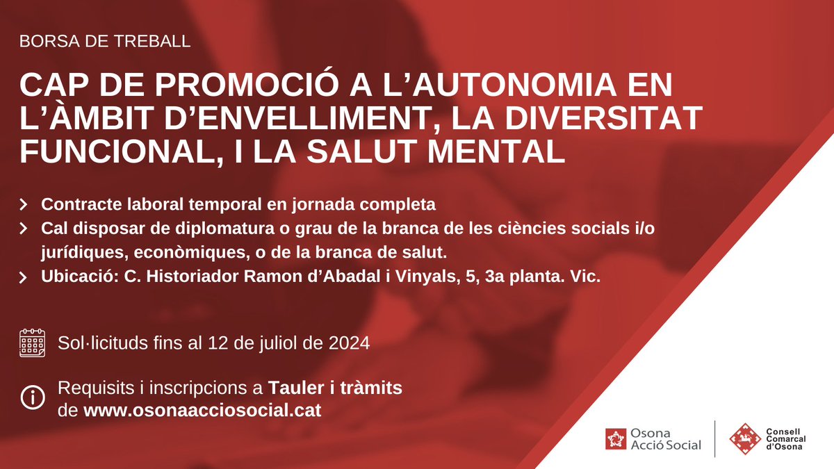 [ÚLTIMS DIES]
📌 Procés de selecció de Cap de Promoció a l'Autonomia en l'àmbit d'envelliment, la diversitat funcional, i la salut mental a #Osona Acció Social.

◾️ Contracte laboral temporal en jornada completa. 
🗓️ Sol·licituds fins al 12 de juliol.

ℹ️👉i.mtr.cool/uzdkhhofxa