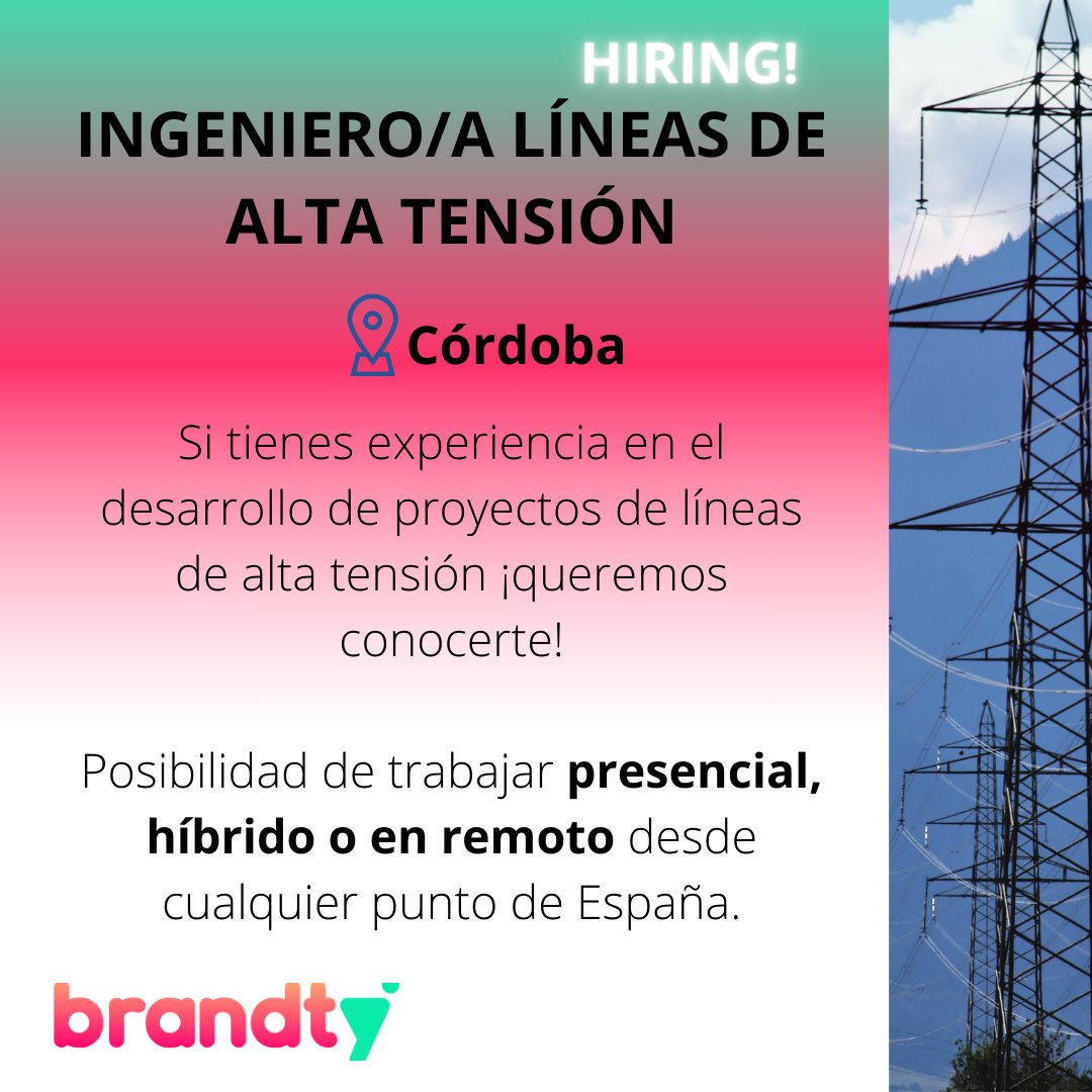 Brandty_Es's tweet image. It's #BrandtyTime! 🆕

💡#Brandty está buscando un/a #INGENIERO/A DE #LÍNEAS DE #ALTA #TENSIÓN para una empresa ubicada en #CÓRDOBA.

🎯 Posibilidad de trabajar de manera presencial, híbrida o en remoto desde cualquier punto de España.

Inscríbete aquí: 👉 brandtyempleo.viterbit.site/ingeniero-a-li…