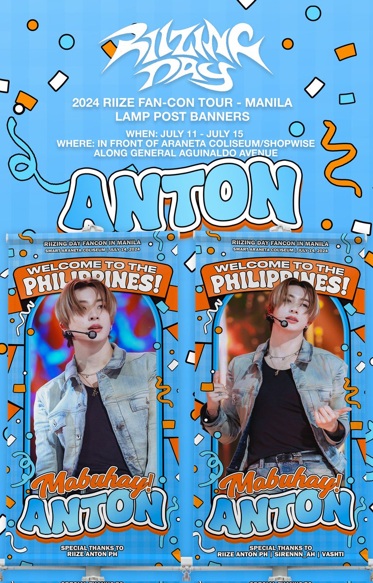 ANTONLEE_PH's tweet photo. Teeny's! Are you ready to see #ANTON? Catch his lamp post banner by the Araneta Coliseum as we gear up for the FAN-CON on July 14th, this Sunday! 

Tag us in your photos with the hashtags #RIIZINGBlvdPH #MabuhayRIIZE! 📸🧡🩵

#RIIZINGDAY_IN_MANILA
#RIIZE_FANCON https://t.co/wDYDLvaWCU