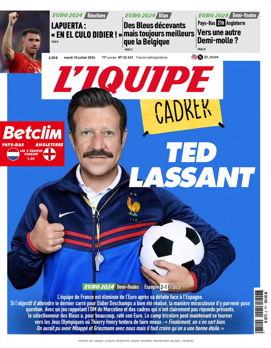 Voici la une du journal L'Iquipe du mardi 10 juillet : 

- #ESPFRA : Yé beau être matinal, Yamal...
- #Laporte : La revanche
- #PBANG : Soporifiquo

#Deschamps #Mbappe #Griezmann #LesBleus #equipedefrance #España #EspañaFrancia #Betclic #France #EnfinTermine