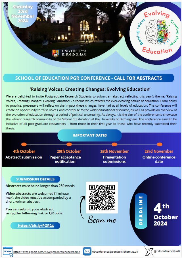 PGR Education Conference 2024 UoB (@edconferenceuob) on Twitter photo Information on our theme, important dates, and how to submit!
1/2
@Lauradol4 <a href="/SheonaGoodyear/">Sheona Goodyear</a> <a href="/SarahJChung/">Sarah Chung</a> <a href="/UoBEdResearch/">Education Research at Birmingham</a> Information on our theme, important dates, and how to submit!
1/2
@Lauradol4 <a href="/SheonaGoodyear/">Sheona Goodyear</a> <a href="/SarahJChung/">Sarah Chung</a> <a href="/UoBEdResearch/">Education Research at Birmingham</a>