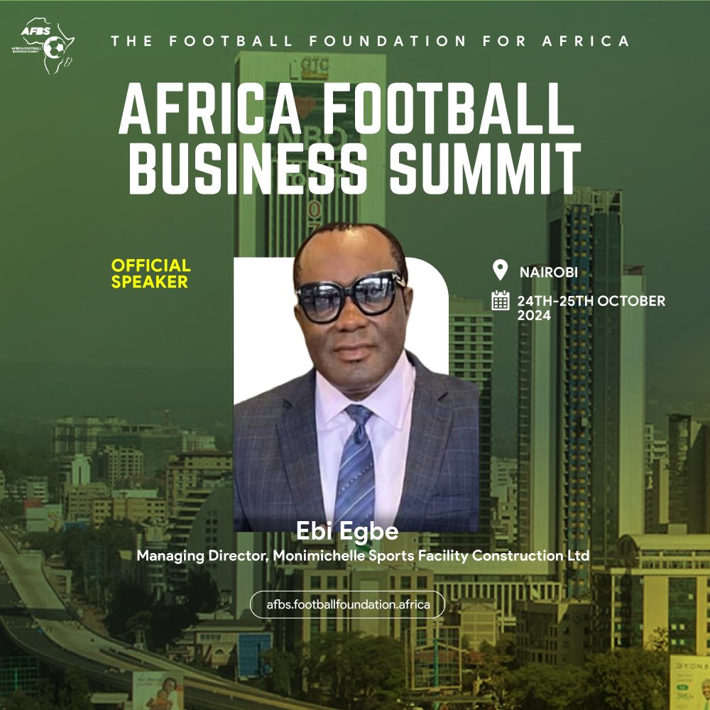 TheFFAfrica's tweet photo. We are delighted to welcome Mr Ebi Egbe 🇳🇬 an expert on sports facility construction and management, as an official speaker at the Africa Football Business Summit 2024.

#AFBSummit #AFBS2024 #TransformingOurGame.

Register. https://t.co/REWFkfCUeJ https://t.co/hGweDMAlJf